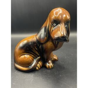 Vintage Ceramic Brown Glazed Basset Blood Hound Dog Figurine 6" Made in Brazil